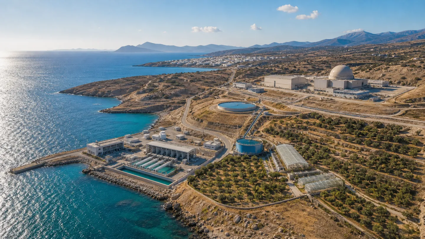 Αεροφωτογραφία βραχώδους ακτής με ελαιώνες, μονάδα αφαλάτωσης κοντά στη θάλασσα και κτίρια σταθμού με θόλο περιοριστικού κελύφους στο βάθος.