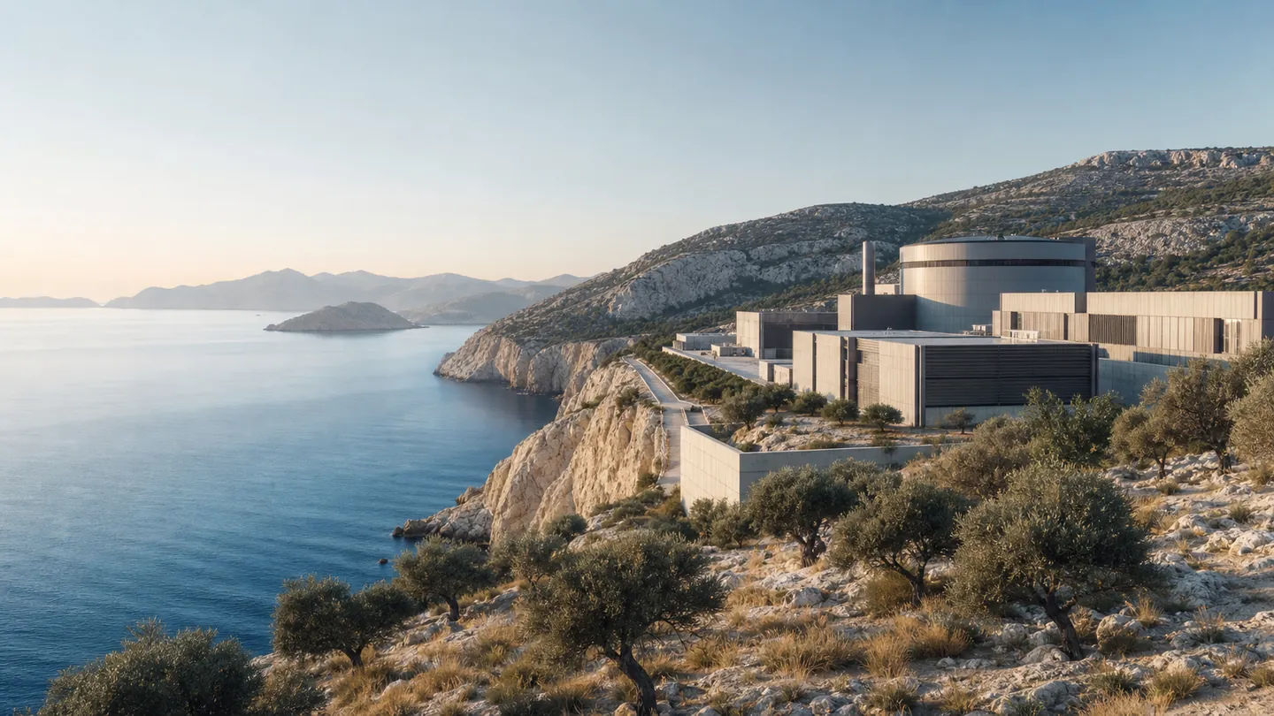 Παράκτιος σταθμός με κυλινδρικό περιοριστικό κέλυφος πάνω σε βραχώδη πλαγιά με ελιές, με τη θάλασσα και νησιά στο βάθος.