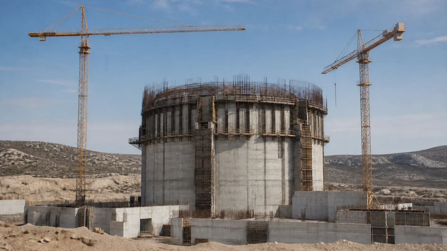 Κυλινδρικό περιοριστικό κέλυφος υπό κατασκευή, με τον θόλο ανοιχτό, πυκνό οπλισμό στο χείλος και δύο γερανούς.