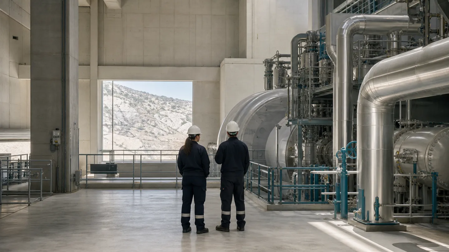Δύο εργαζόμενοι με κράνη μπροστά στον στρόβιλο και τις σωληνώσεις μιας αίθουσας μηχανών, με παράθυρο σε βραχώδες τοπίο.